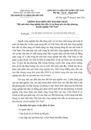 Thông báo mời viết bài tham luận Hội thảo khoa học: “Hệ sinh thái công nghiệp bán dẫn và sự tham gia của địa phương, doanh nghiệp Việt Nam”